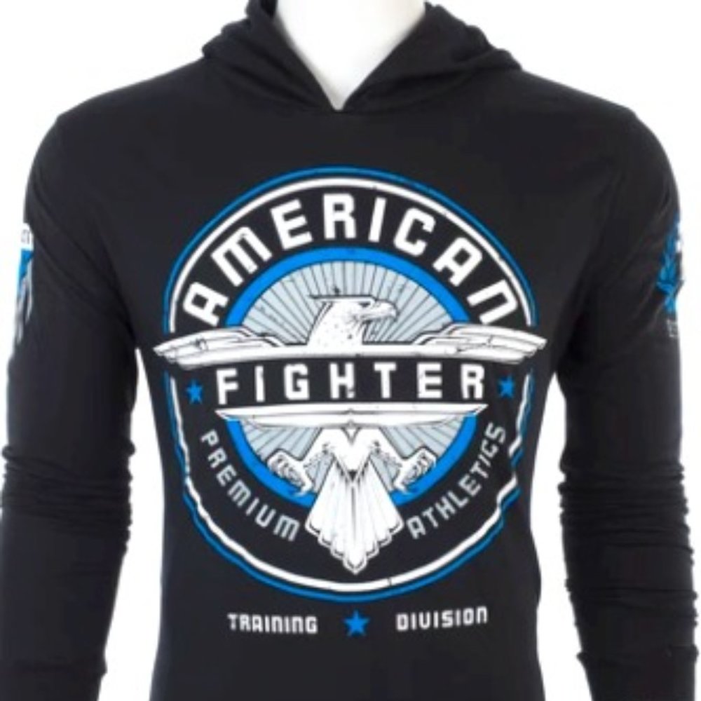 AMERICAN FIGHTER Mens Long Sleeve BROCKPORT Hoodie T-Shirt (Black)